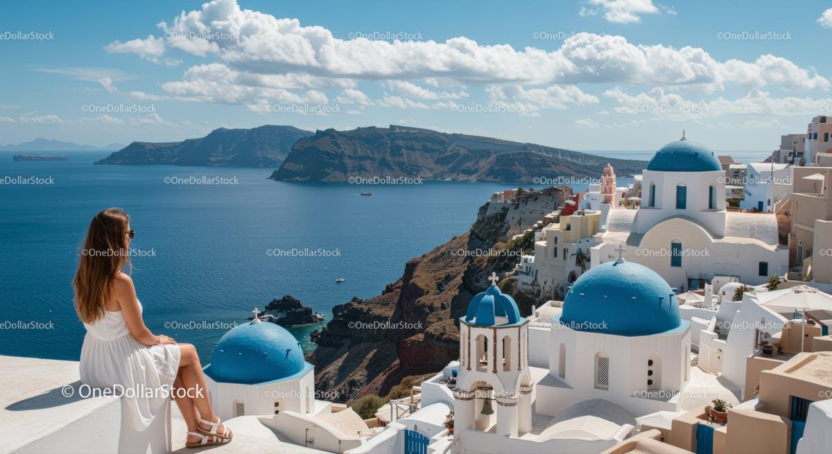Woman Enjoying Santorini's Scenic View Stock Photo Bundle preview 16
