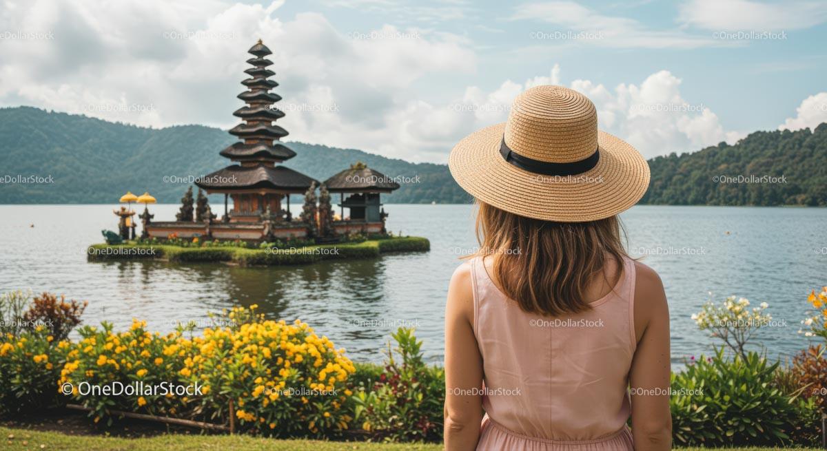 Woman in Hat Admiring Ulun Danu Bratan Temple in Bali 12 JPG Files digital asset preview