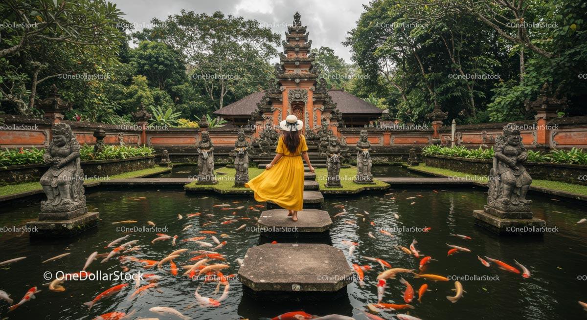 Woman in Yellow Dress at Tranquil Temple Garden