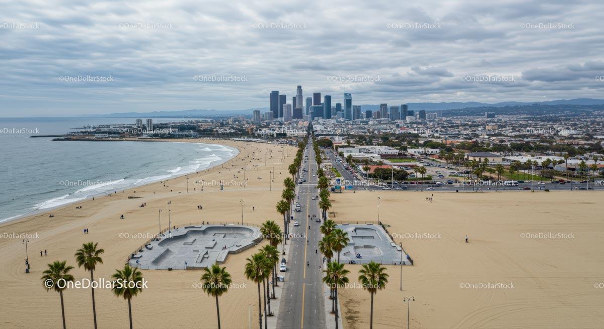 Aerial View of Los Angeles Skyline and Coastal Beach