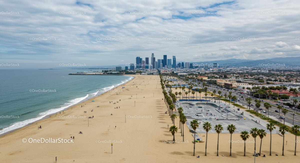 Vibrant Los Angeles Beach with Palm Trees and City Skyline