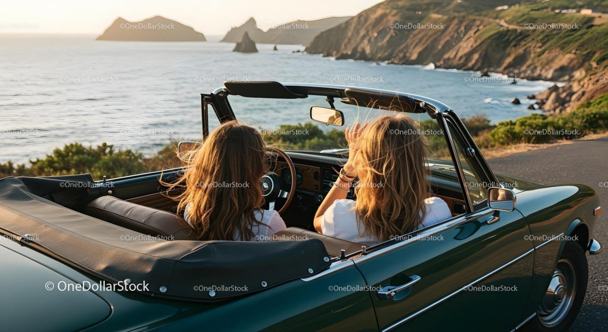 Friends on a Coastal Road Trip in Convertible Car Stock Photo Bundle preview
