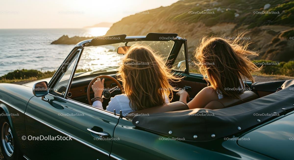 Friends on a Coastal Road Trip in Convertible Car Stock Photo Bundle preview 5