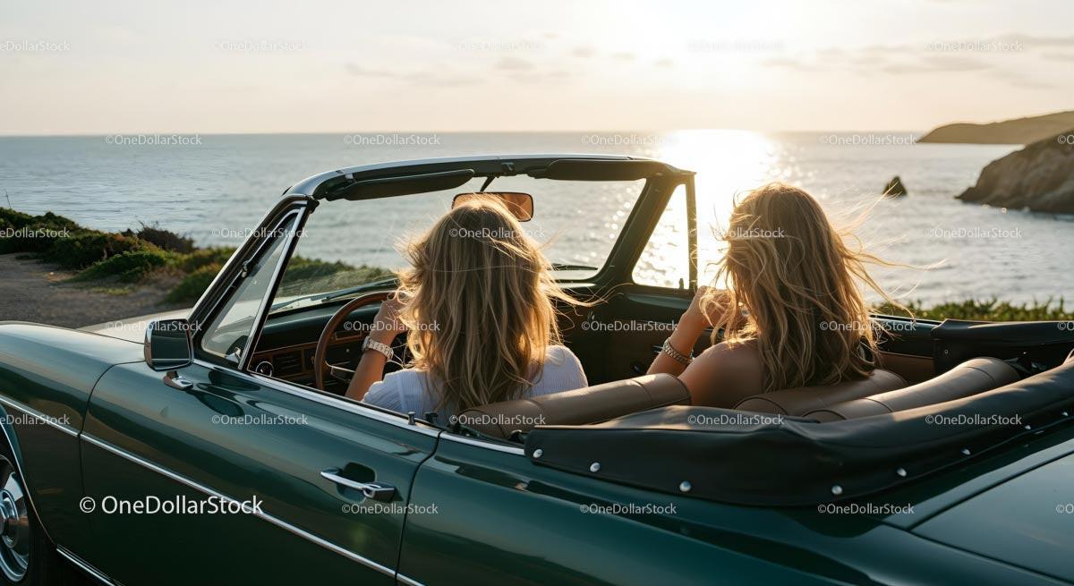 Blonde Women Driving a Convertible at Sunset by the Coastline