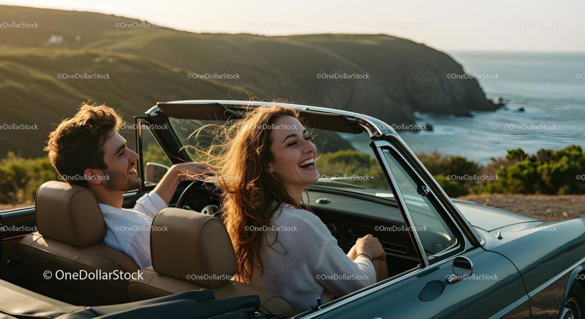 Friends on a Coastal Road Trip in Convertible Car Stock Photo Bundle preview 9