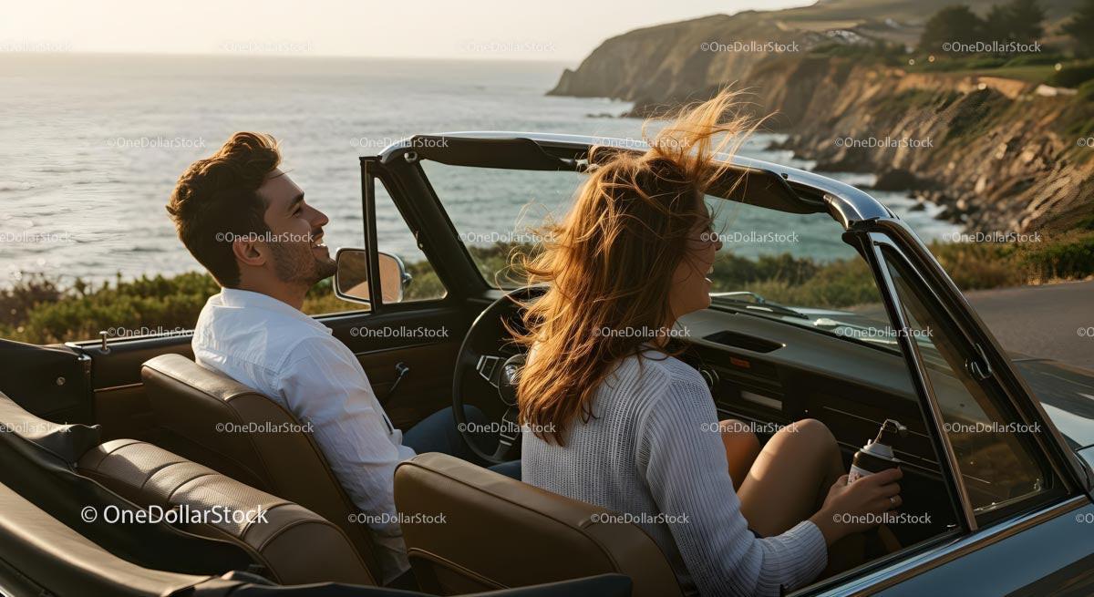 Friends on a Coastal Road Trip in Convertible Car Stock Photo Bundle preview 10