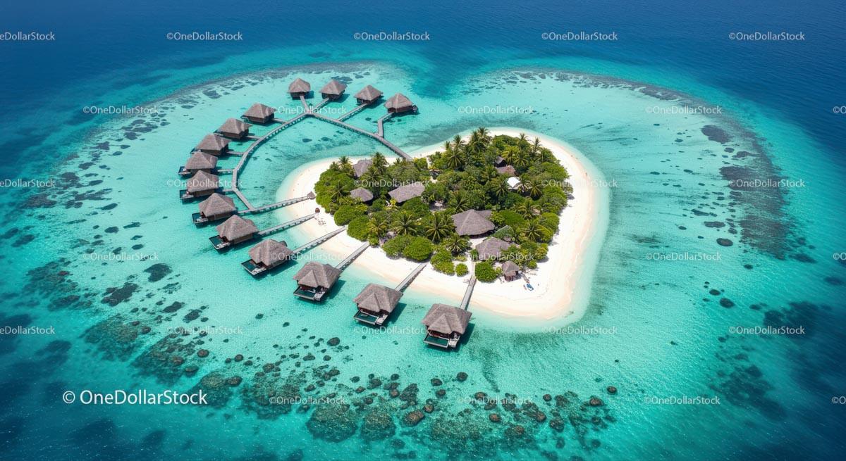 Aerial View of Tropical Island with Overwater Bungalows Stock Photo Bundle preview 16