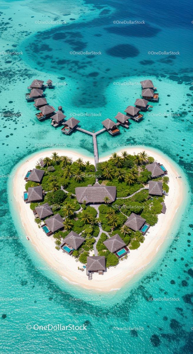 Heart-Shaped Island with Overwater Bungalows in Turquoise Sea