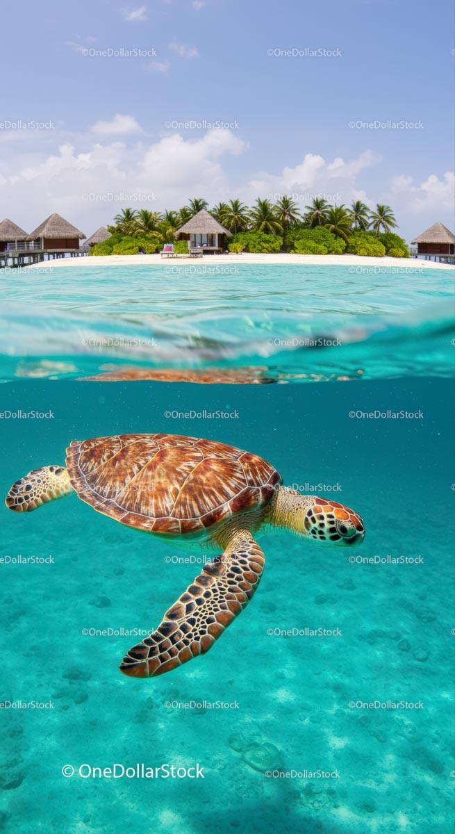 Tropical Sea Turtle Swimming Near a Paradise Island Resort