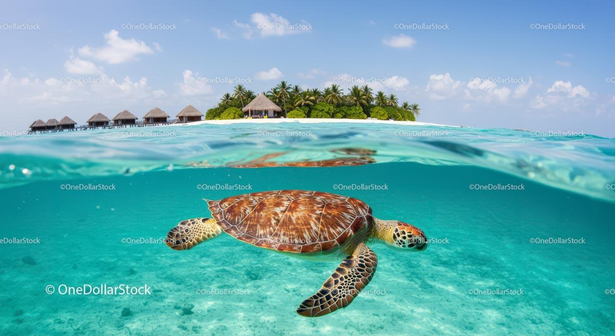 Sea Turtle in Crystal Waters Near Tropical Island