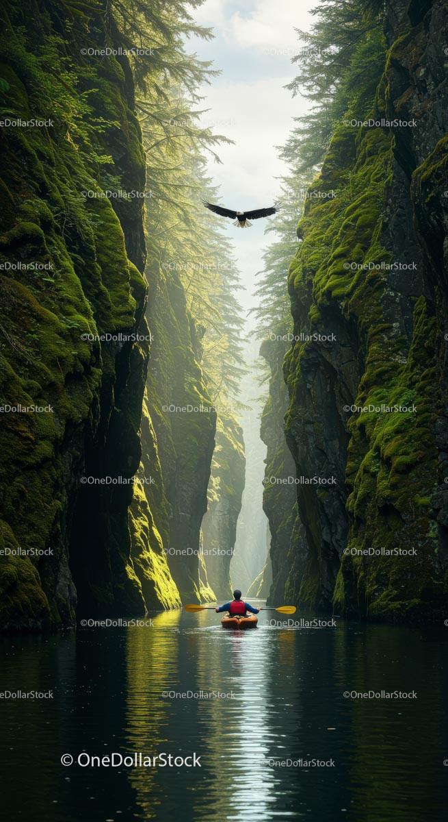 Kayaker Exploring Mossy Canyon with Soaring Eagle Above