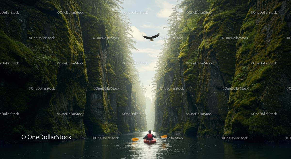 Kayaking Through a Lush Canyon with an Eagle Above