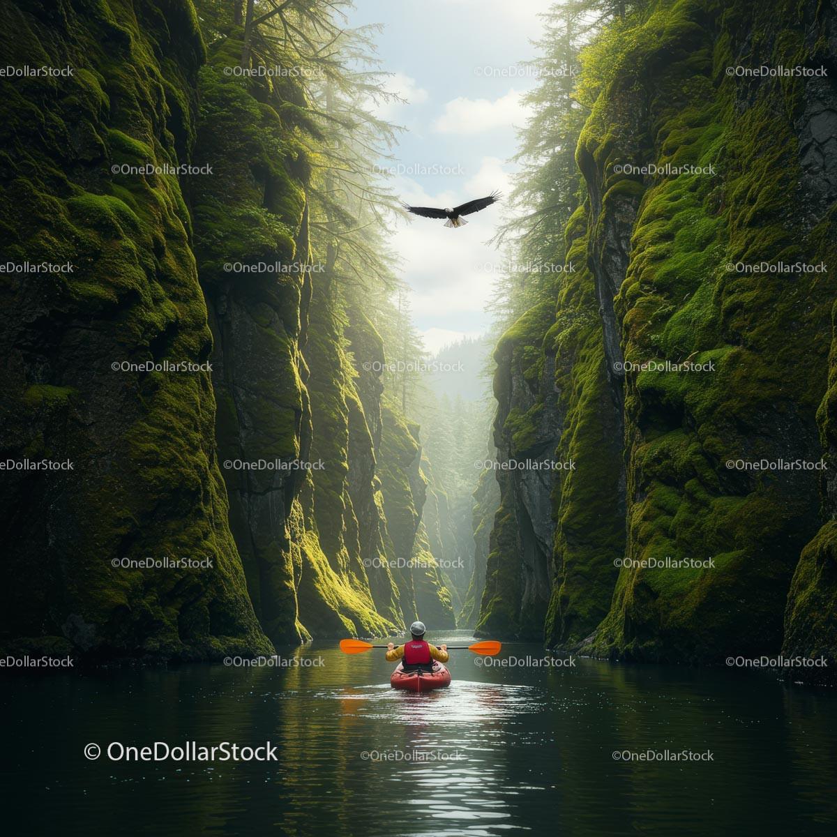 Kayaker Navigating Lush Canyon with Majestic Eagle