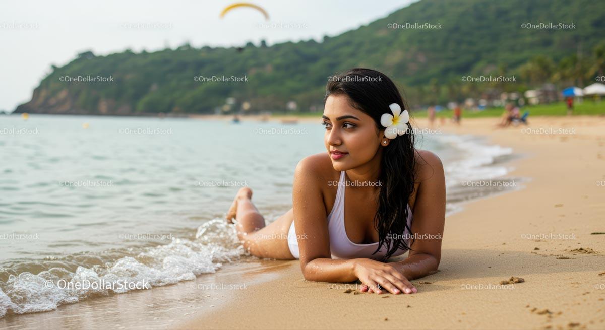Woman Relaxing on Tropical Beach with Ocean View