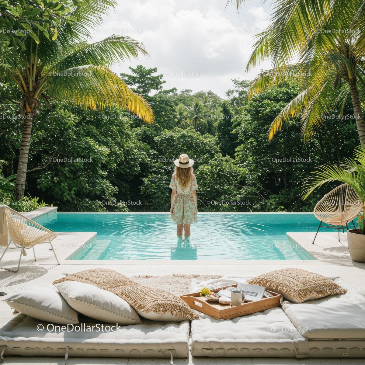 Woman Relaxing by Tropical Pool with Lush Green Surroundings