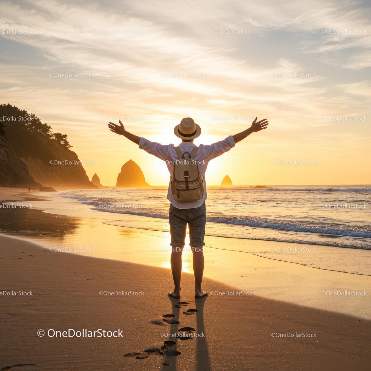 Traveler Enjoying Sunset on Scenic Beach