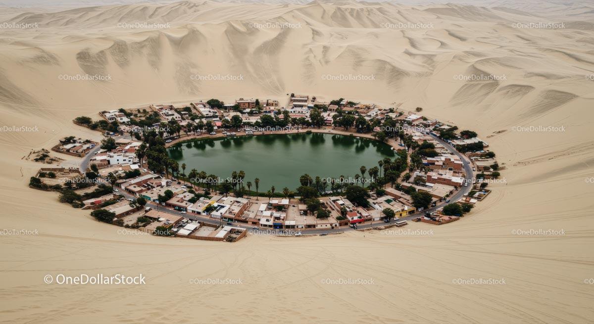 Aerial View of Huacachina Oasis in the Peruvian Desert