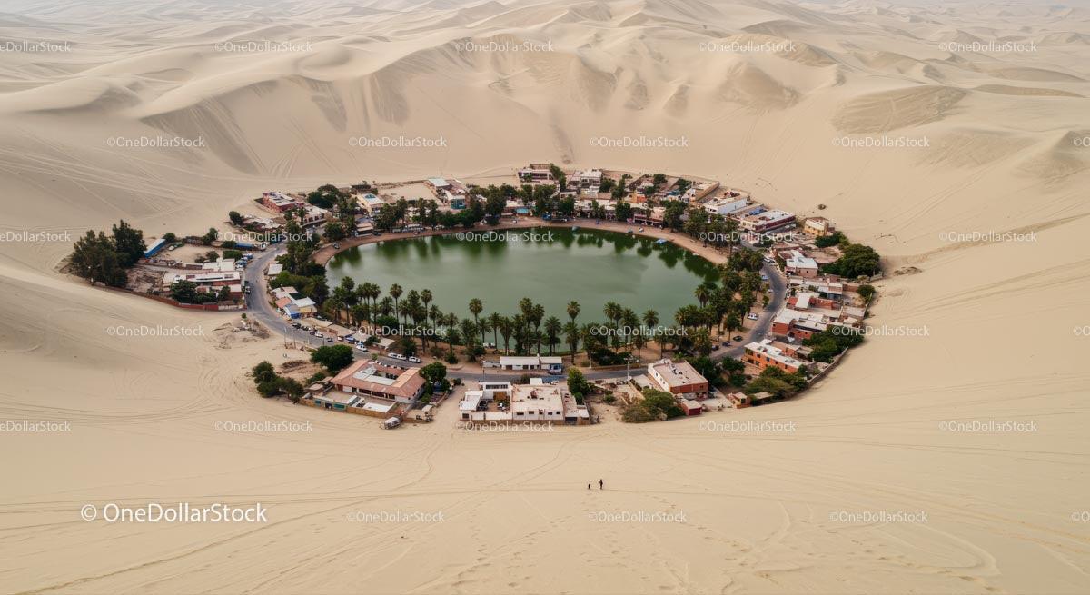 Stunning Desert Oasis Surrounded by Endless Sand Dunes