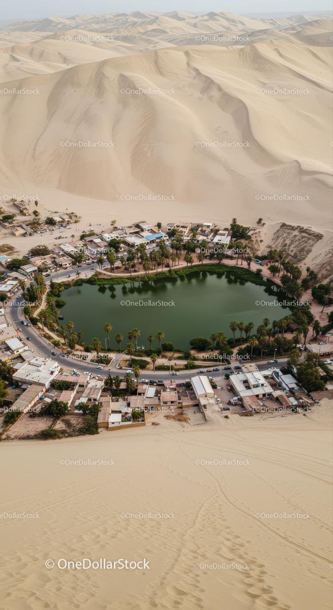 Aerial View of Huacachina Oasis Surrounded by Sand Dunes