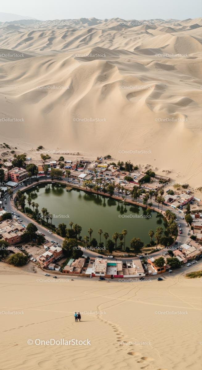 Aerial View of Huacachina Oasis and Surrounding Desert