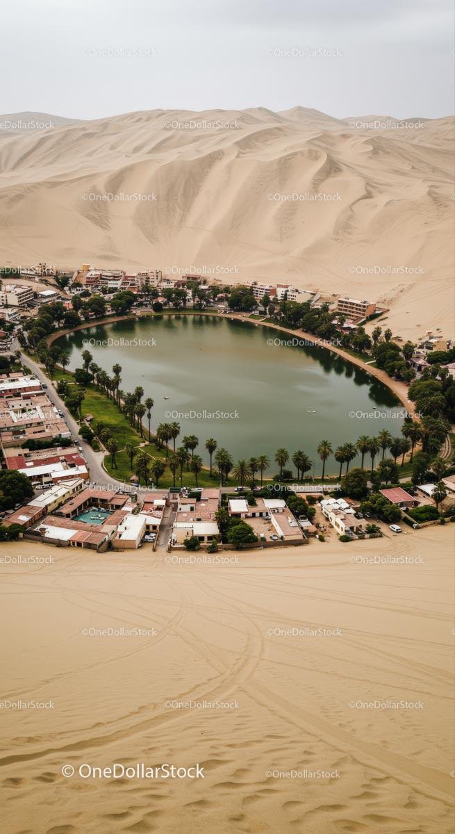 Aerial View of Huacachina Oasis in the Sand Dunes