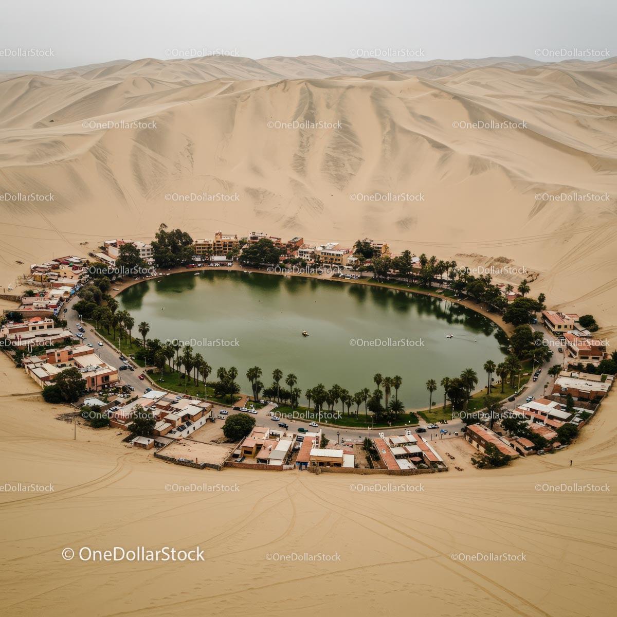 Tranquil Desert Oasis with Lush Greenery and Lagoon