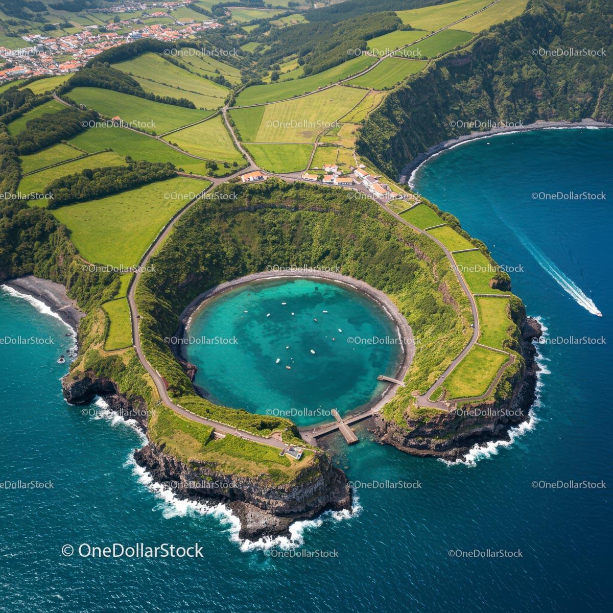 Aerial View of Blue Lagoon in Volcanic Island Landscape