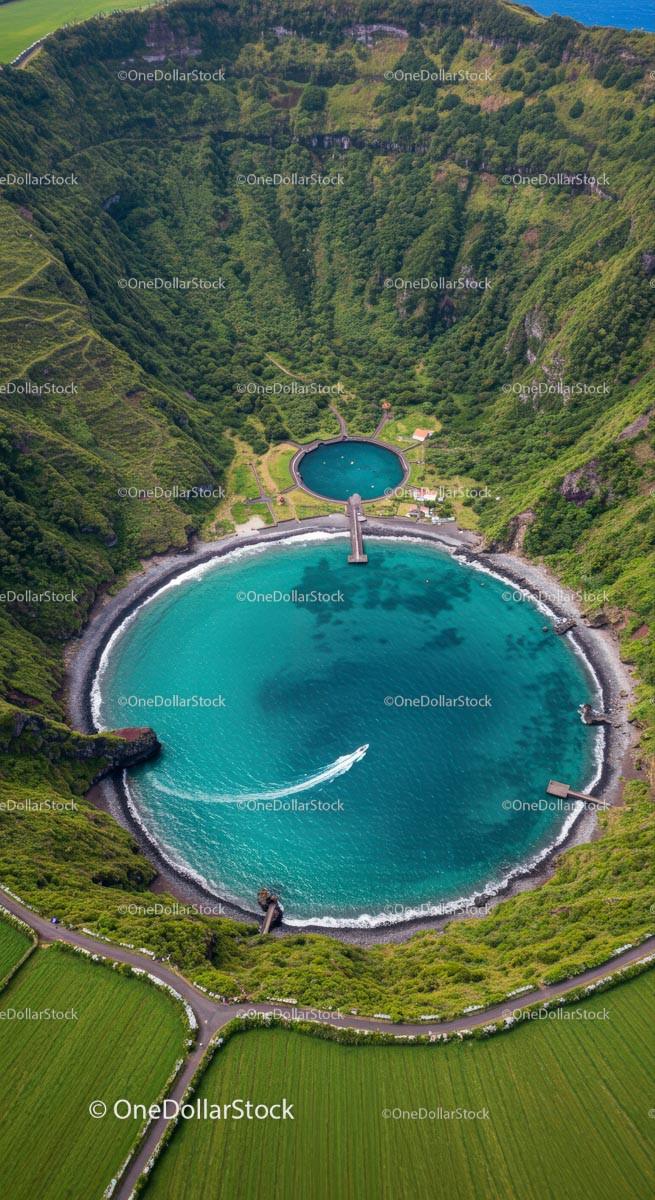 Aerial View of Volcanic Crater Lake with Turquoise Water