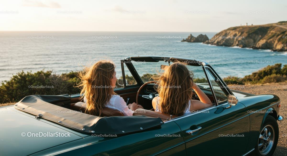 Two Women Driving Vintage Convertible by Ocean Stock Photo Bundle preview