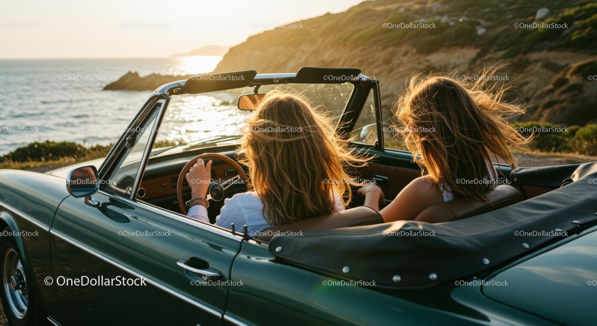 Two Women Driving Vintage Convertible by Ocean 26 JPG Files digital asset preview