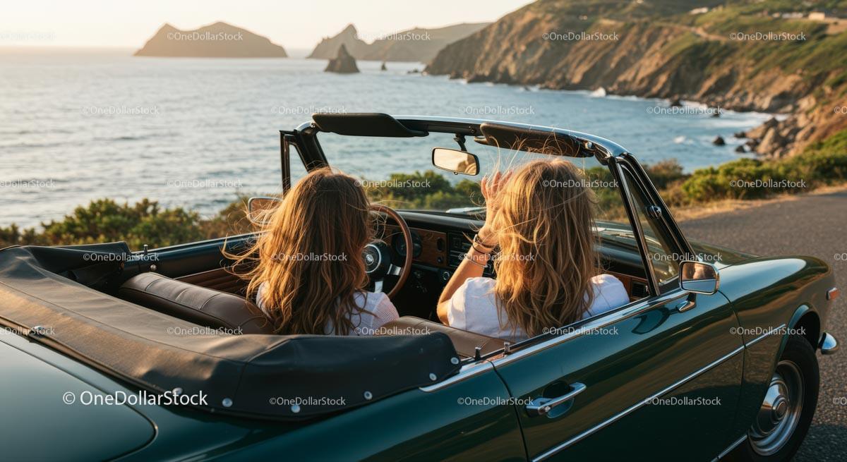 stock photo bundle made with Two Women Driving Vintage Convertible by Ocean Stock Photo Bundle