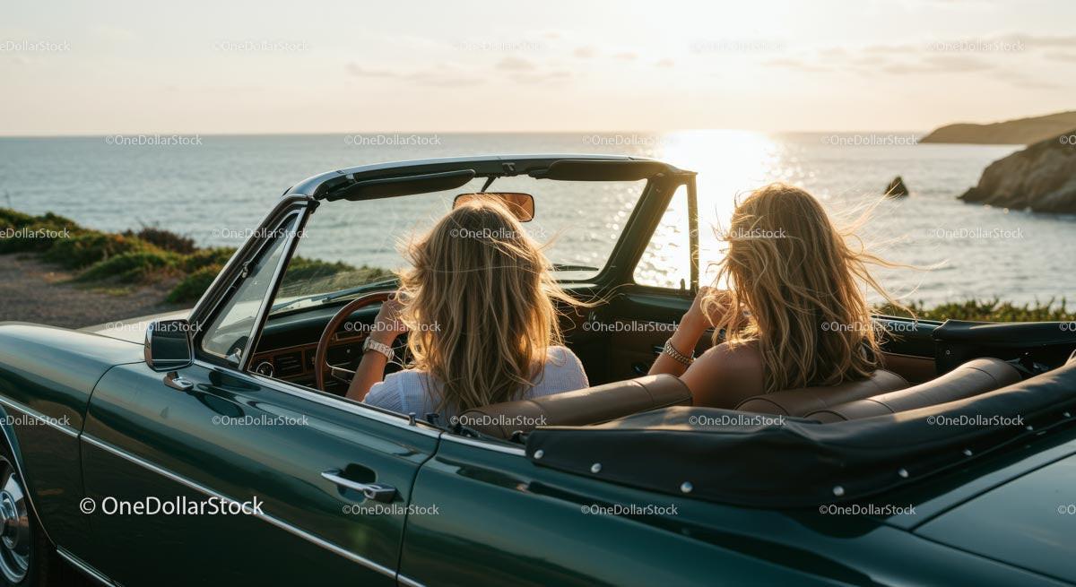 Women Enjoying a Sunset Drive in a Convertible by the Sea