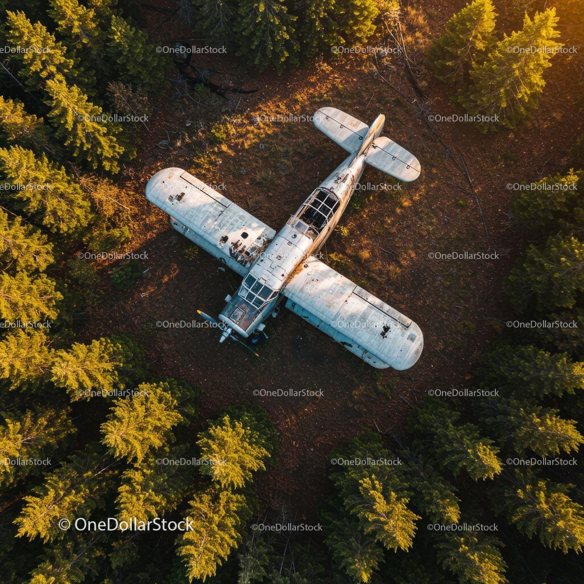 Abandoned Aircraft Amidst Lush Pine Forest