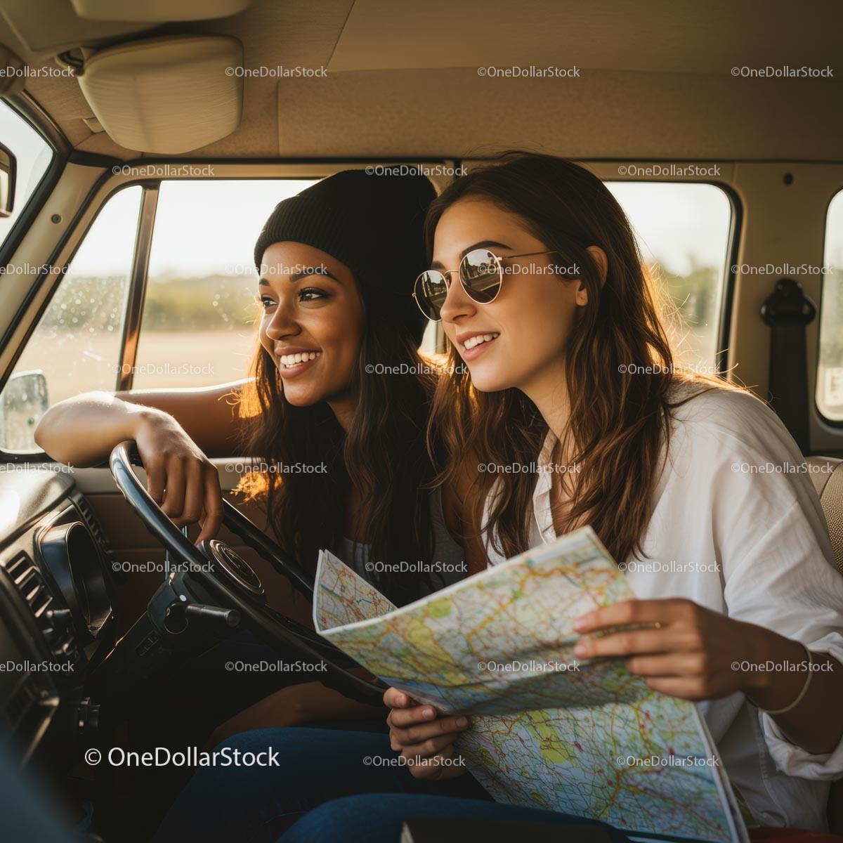 stock photo bundle made with Two Friends Enjoying a Road Trip Adventure in a Van Stock Photo Bundle