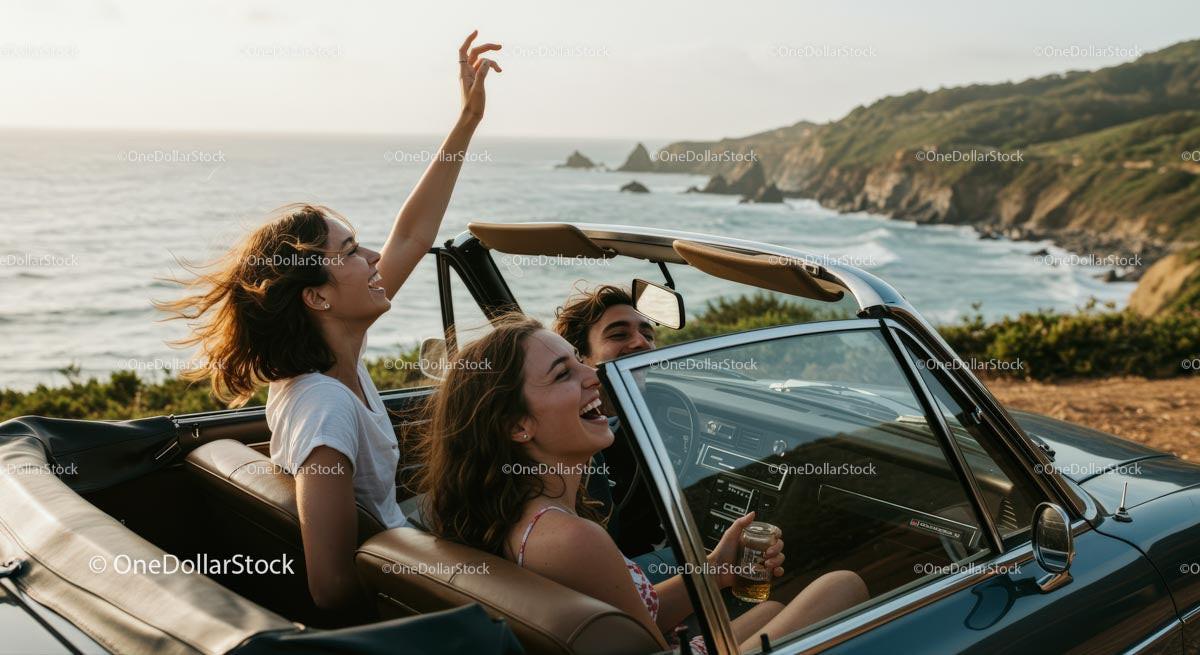 Friends on a Coastal Road Trip in Convertible Car Stock Photo Bundle preview 23