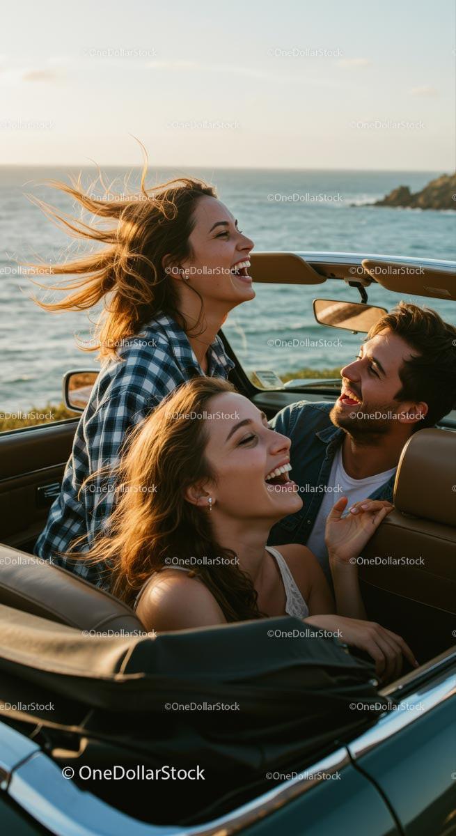 Friends Enjoying a Joyful Convertible Ride by the Ocean