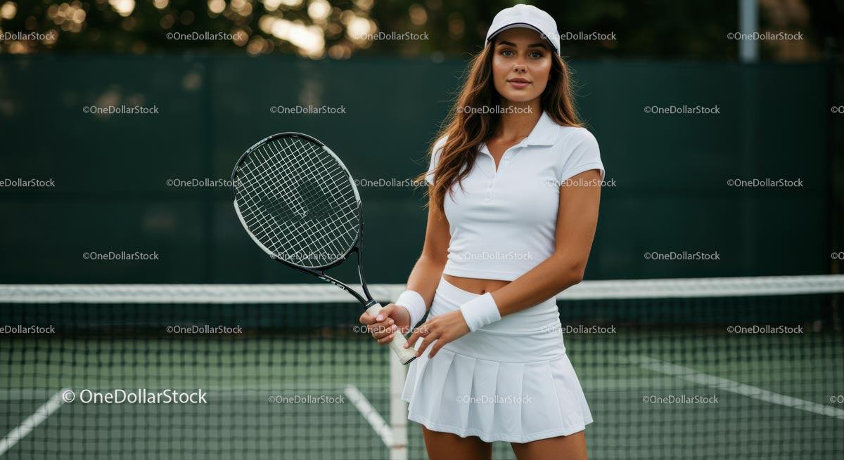 Female Tennis Player in White Outfit on Outdoor Court