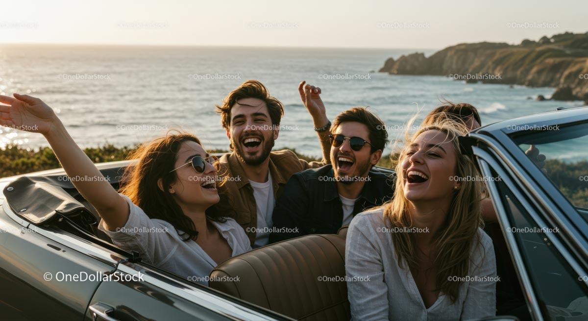 Group of Friends Enjoying a Sunset Drive by the Coast