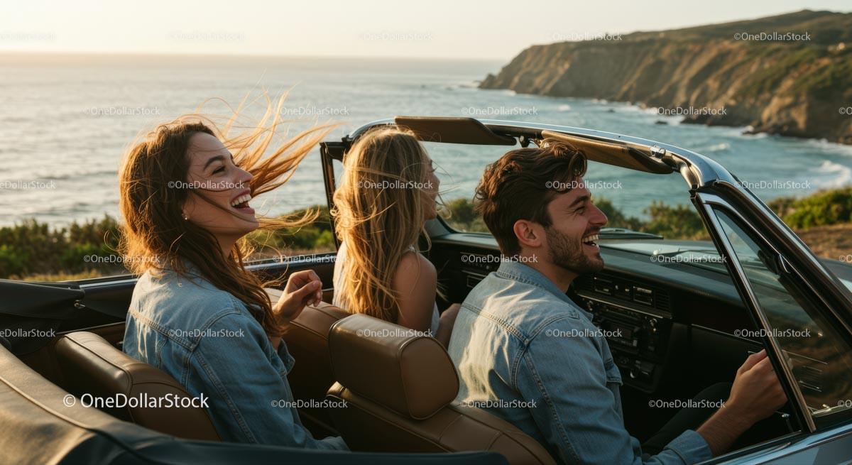 Friends on a Coastal Road Trip in Convertible Car Stock Photo Bundle preview 25