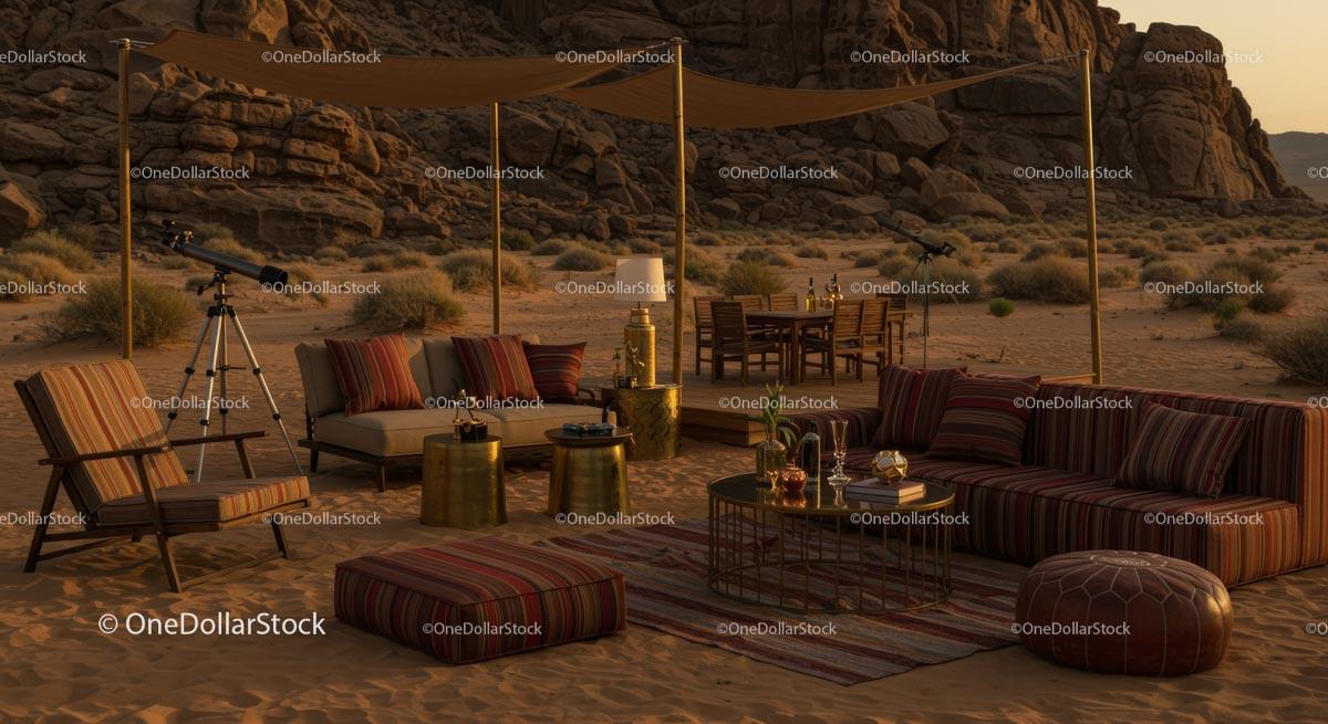 Luxury Desert Lounge Setting with Telescope at Sunset