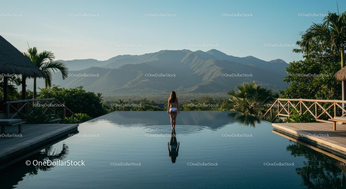 Woman Relaxing by Infinity Pool with Mountain View