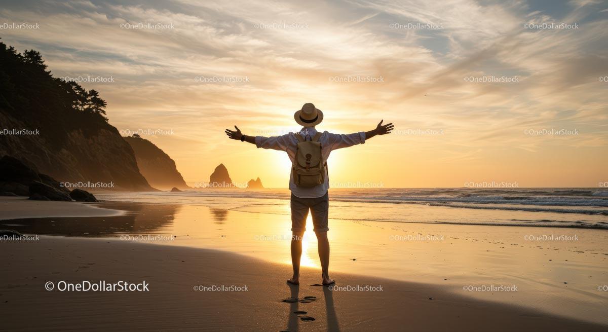 Man Embracing Tranquil Sunset on Scenic Beach
