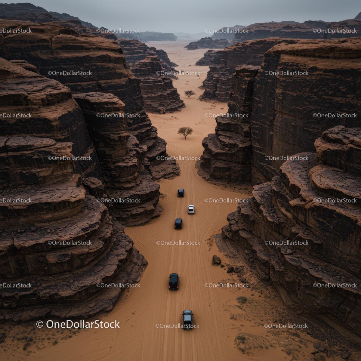 Off-Road Vehicles Navigating Rugged Desert Canyon