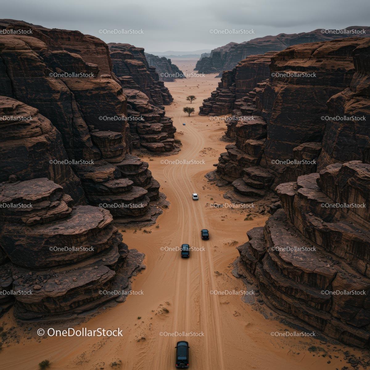 Aerial View of Off-Road Vehicles in Majestic Desert Canyon