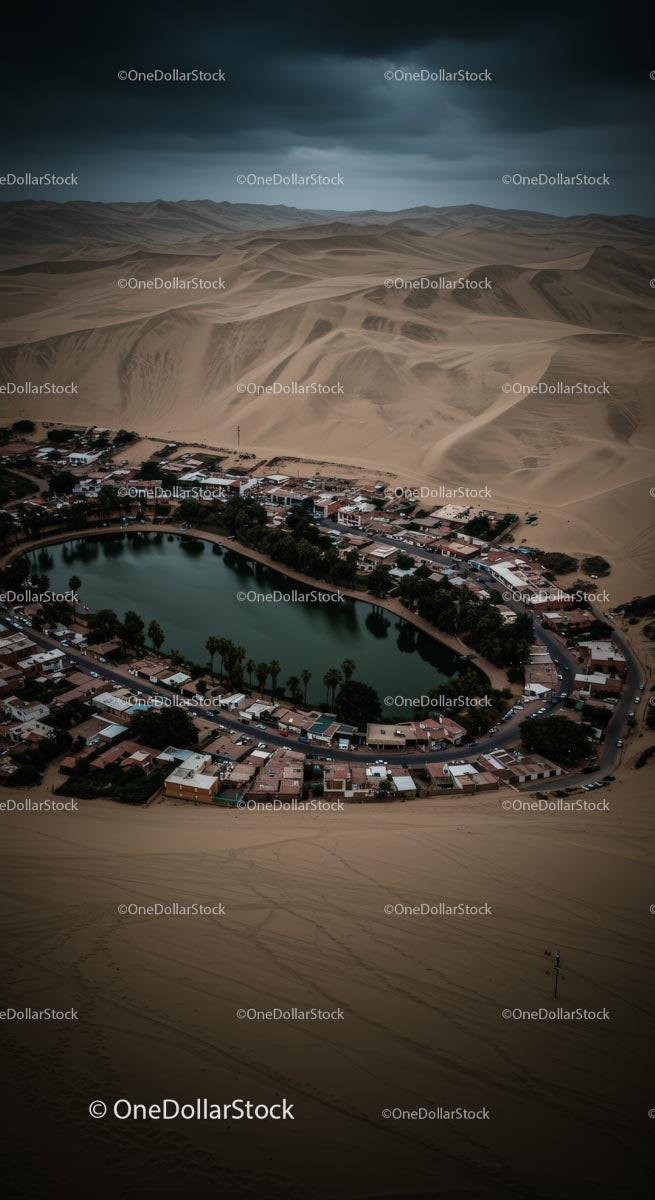 Aerial View of Oasis Village Surrounded by Vast Desert Dunes