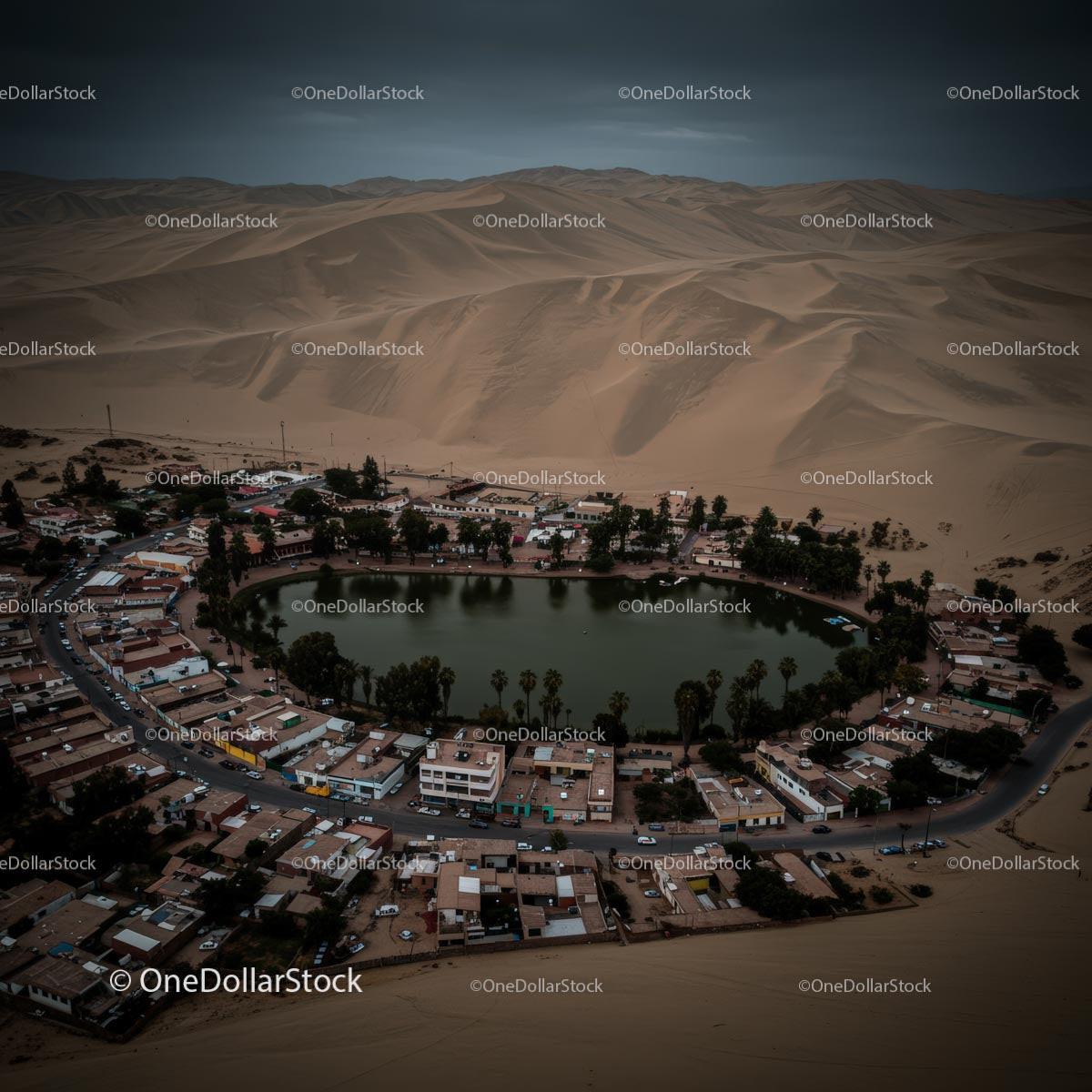 Aerial View of Huacachina Oasis in the Peruvian Desert
