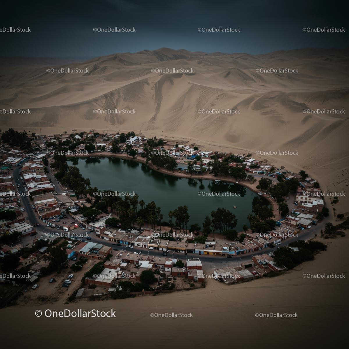 Aerial View of Huacachina Oasis Surrounded by Sand Dunes