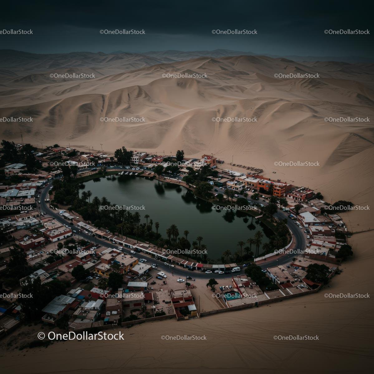 Aerial View of Huacachina Oasis in Peruvian Desert