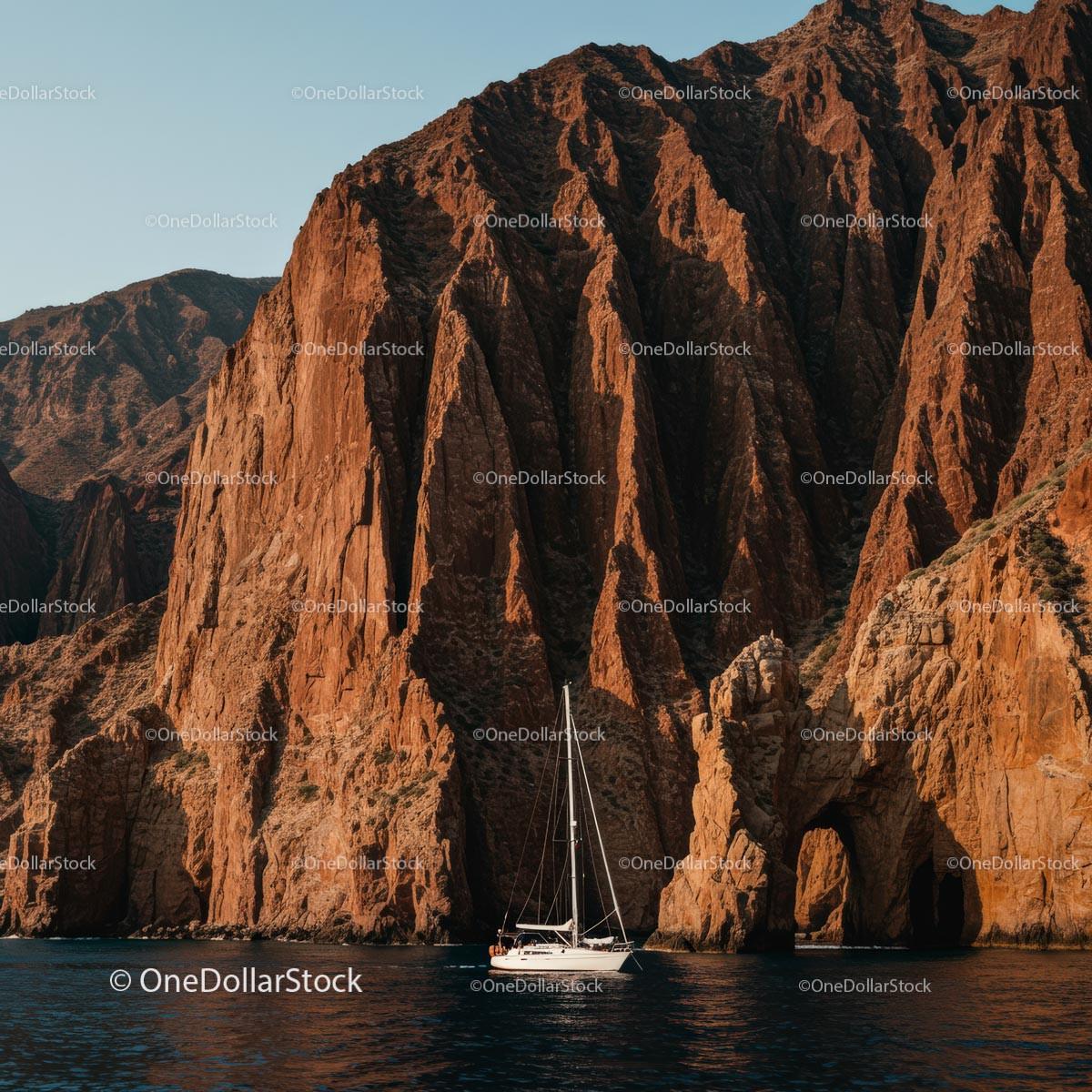 Sailing Yacht by Dramatic Coastal Cliffs at Sunset