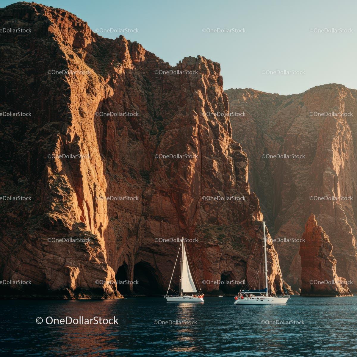 Sailing Boats Near Dramatic Rocky Cliffs at Sunset